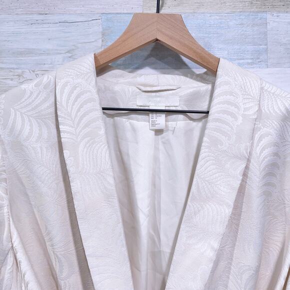 H&M Floral Jacquard Tie Waist Blazer Cream Lined Pockets One Button Womens US 12 - Picture 2 of 8